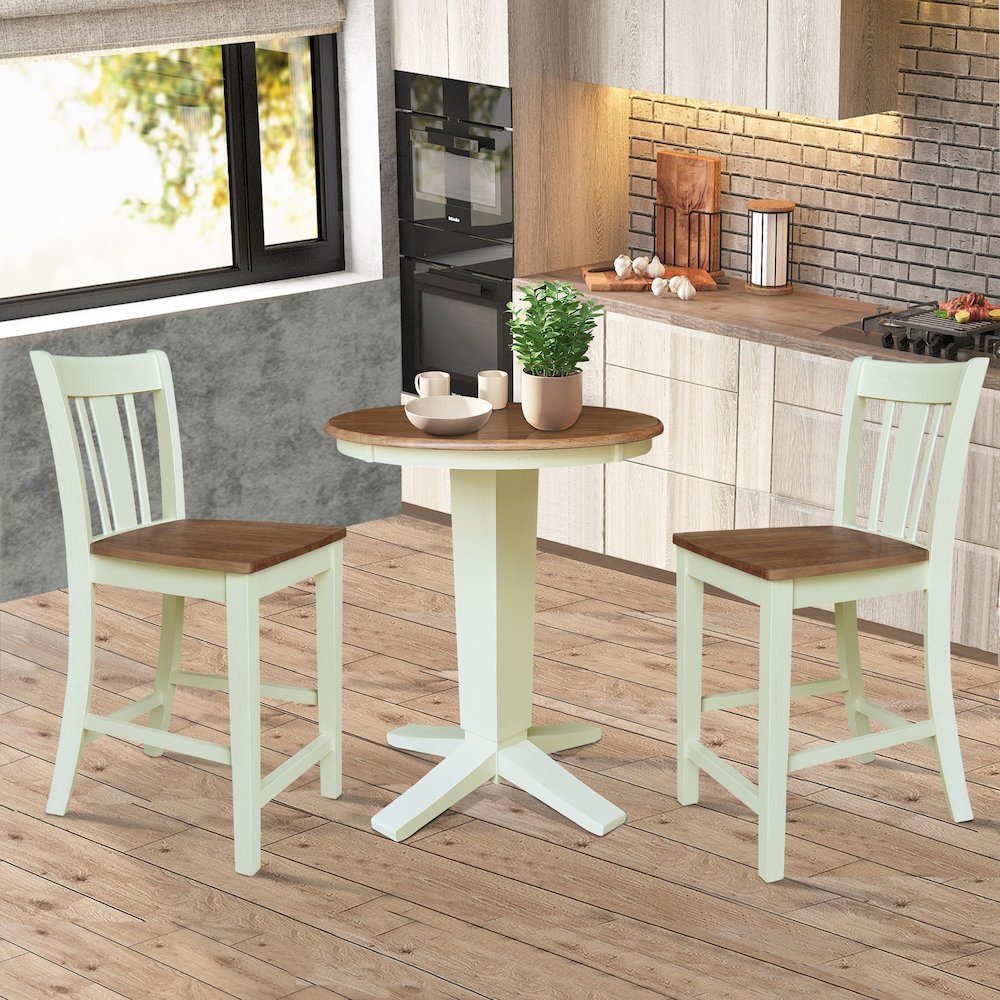 30" Solid Wood Round Top Dining Table with 2 Counter Height Stools. Picture 4