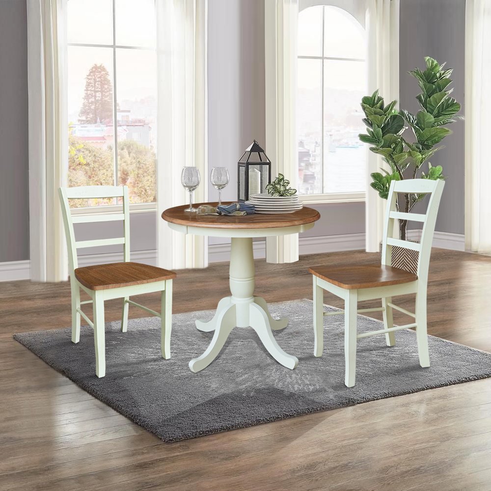 30" Round Pedestal Dining Table with 2 Madrid LadderBack Chairs. Picture 4