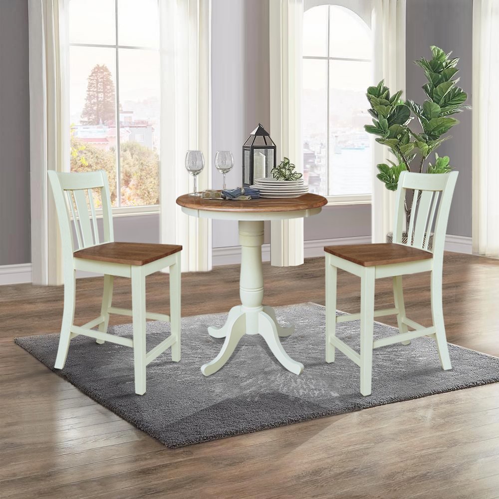 30" Round Pedestal Gathering Height Table With 2 San Remo Counter Height Stools. Picture 4