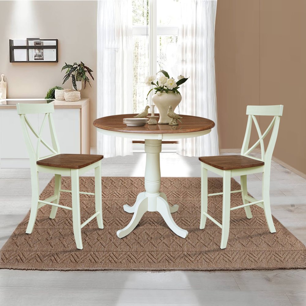 36" Round Pedestal Gathering Height Table With 2 X-Back Counter Height Stools. Picture 4