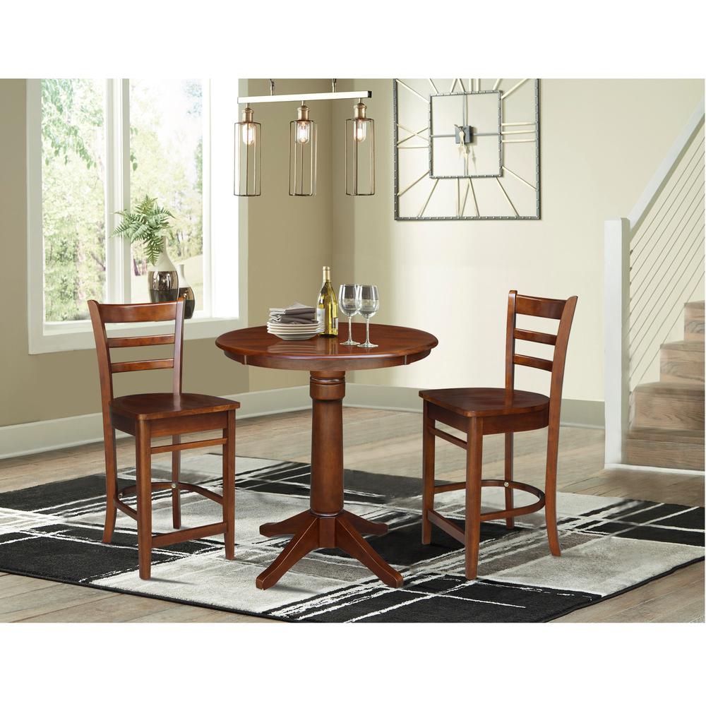 30" Round Pedestal Counter Height Table with 2 Emily Counter Height Stools. Picture 1