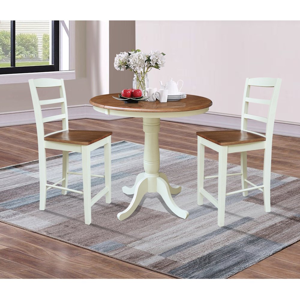 36" Round Top Pedestal Extension Dining Table with 12" Leaf and 2 Stools. Picture 4