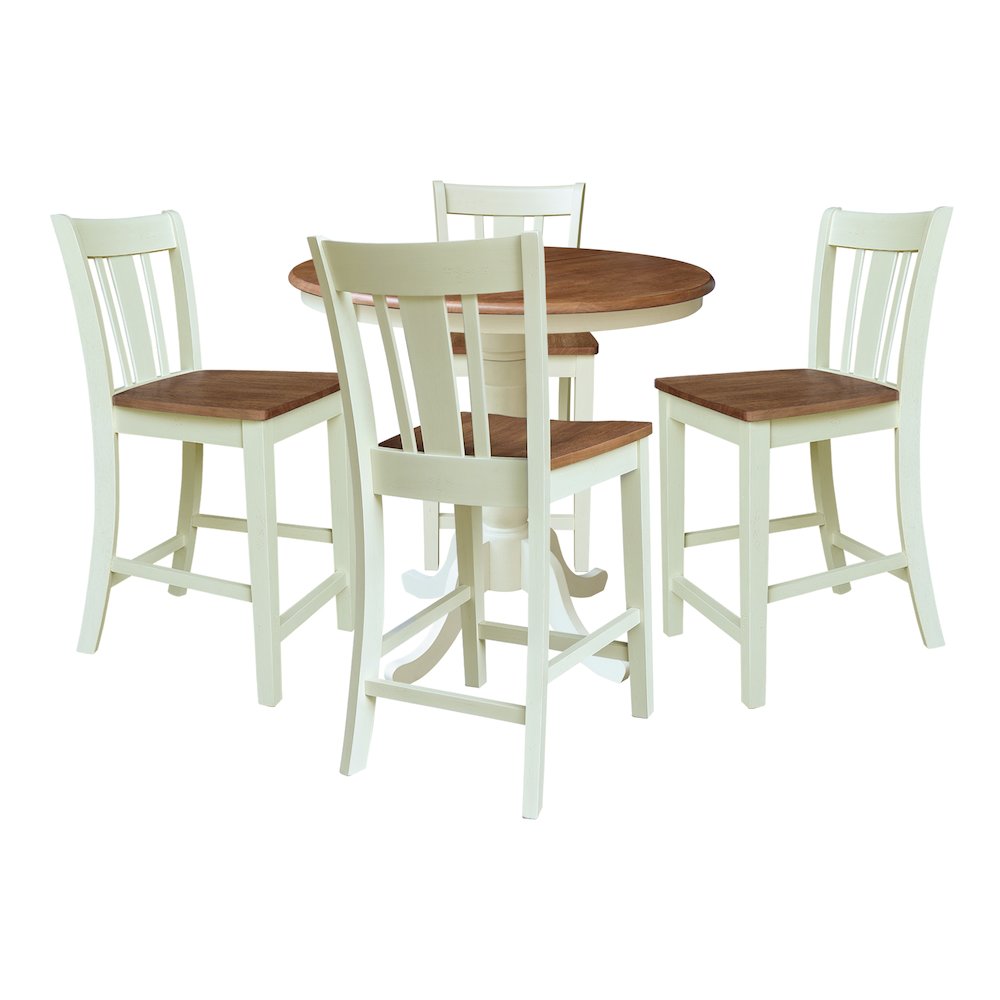 36" Round Pedestal Extension Counter Height Dining Table with 4 San Remo Stools. Picture 1