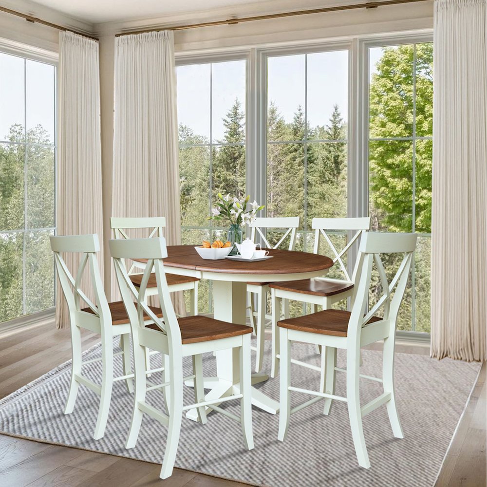 36" Solid Wood Round Extension Dining Table with 6 Counter Height Stools. Picture 4