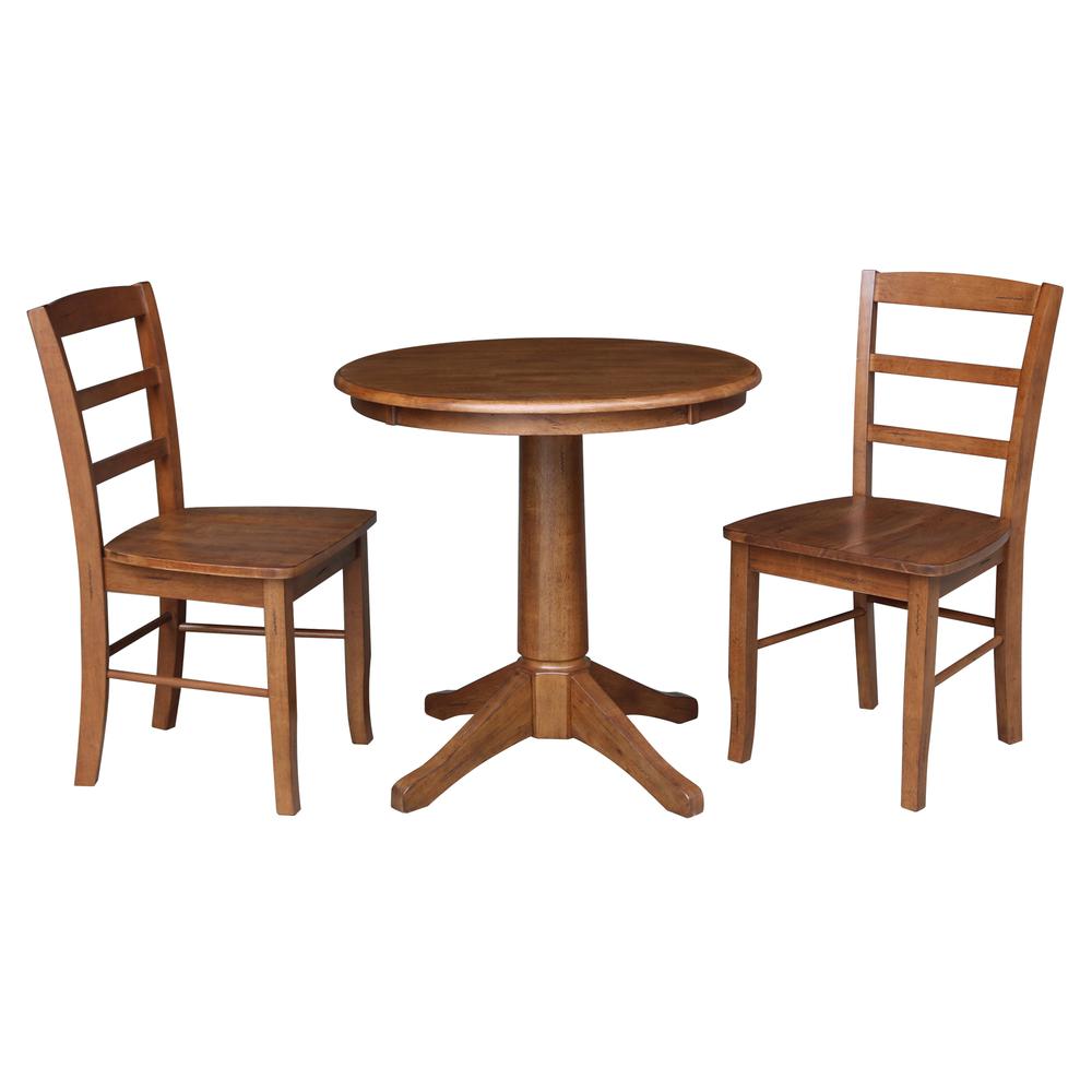 30" Round Top Pedestal Dining Table with 2 Madrid Ladderback Chairs. Picture 2