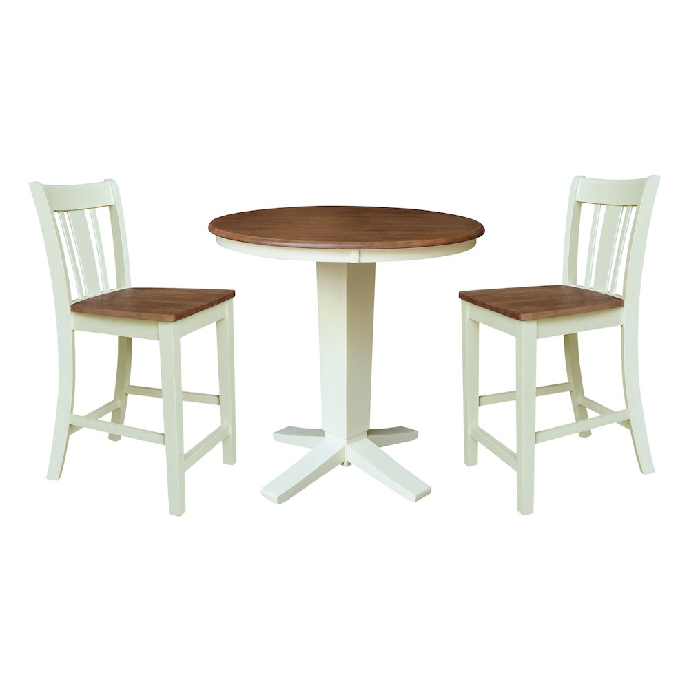 36" Solid Wood Round Top Dining Table with 2 Counter Height Stools. Picture 1