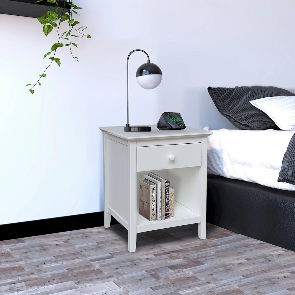 Solid Wood Nightstand with 1 Drawer, White. Picture 8