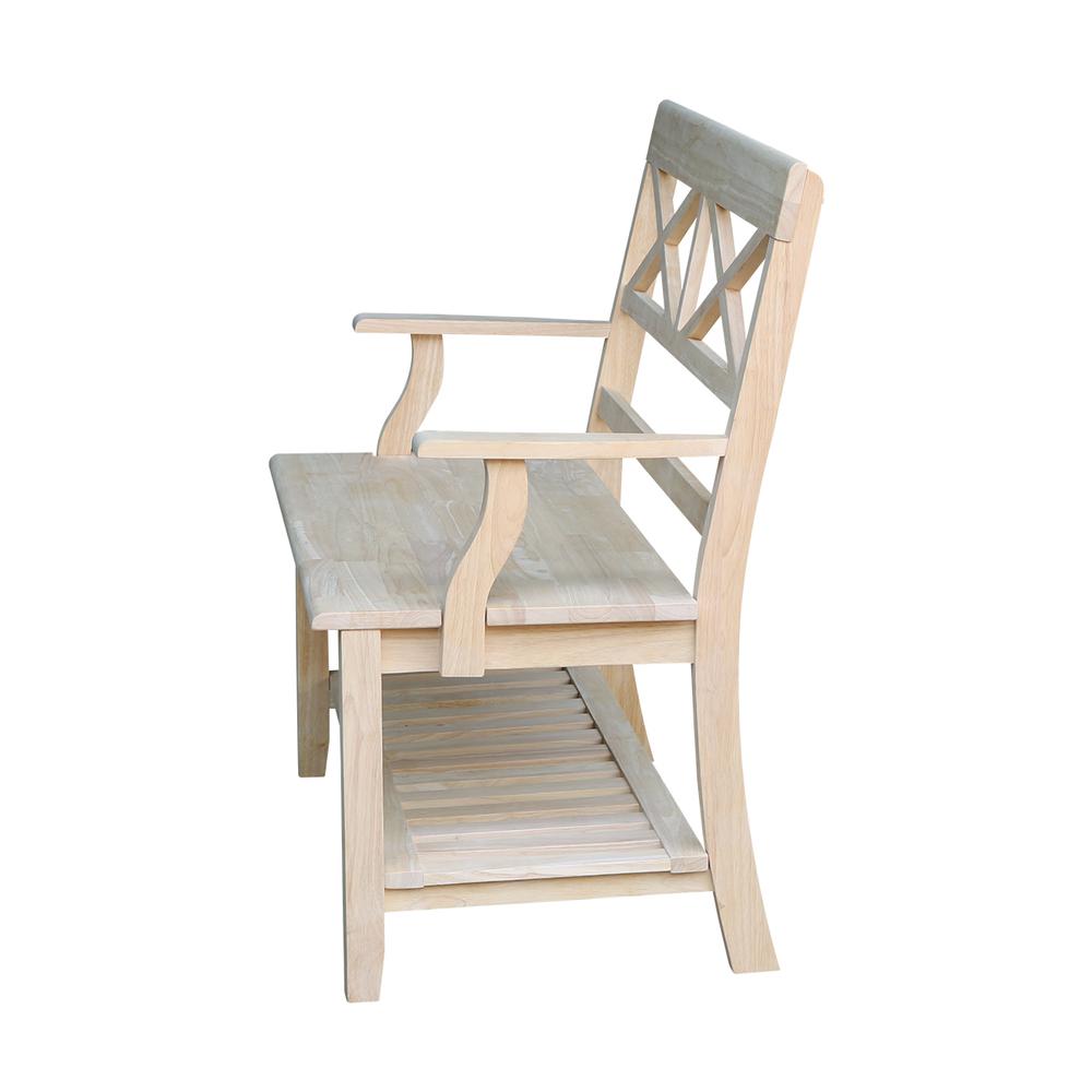 Double X-Back Bench With Arms and Shelf, Unfinished. Picture 3