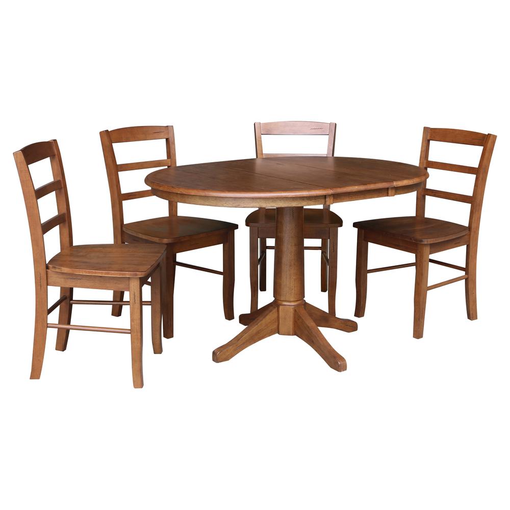 36" Round Extension Dining Table with Leaf and 4 Madrid Ladderback Chairs - 5 Piece Dining Set, Distressed Oak. Picture 2