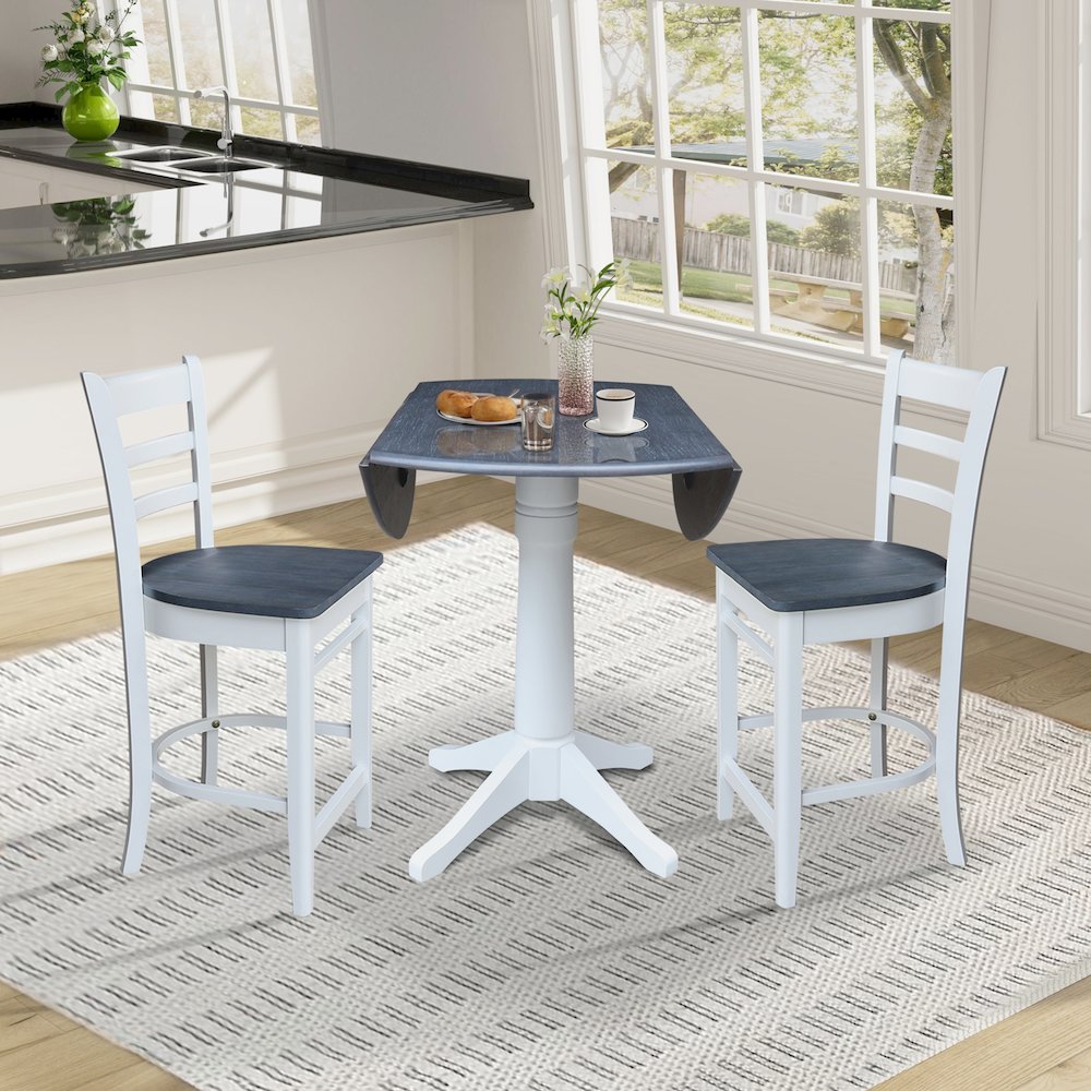 42" Round Top Dual Drop Leaf Pedestal Table with 2 Stools. Picture 4