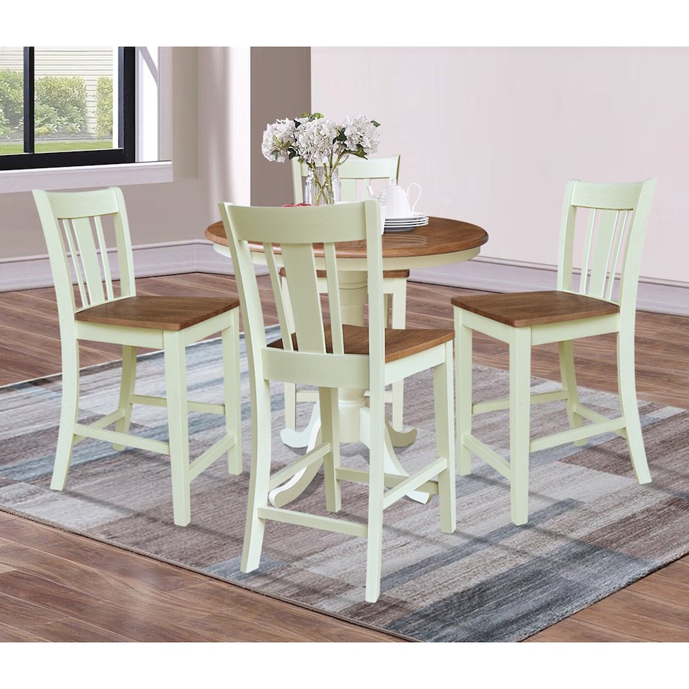 36" Round Pedestal Extension Counter Height Dining Table with 4 San Remo Stools. Picture 4