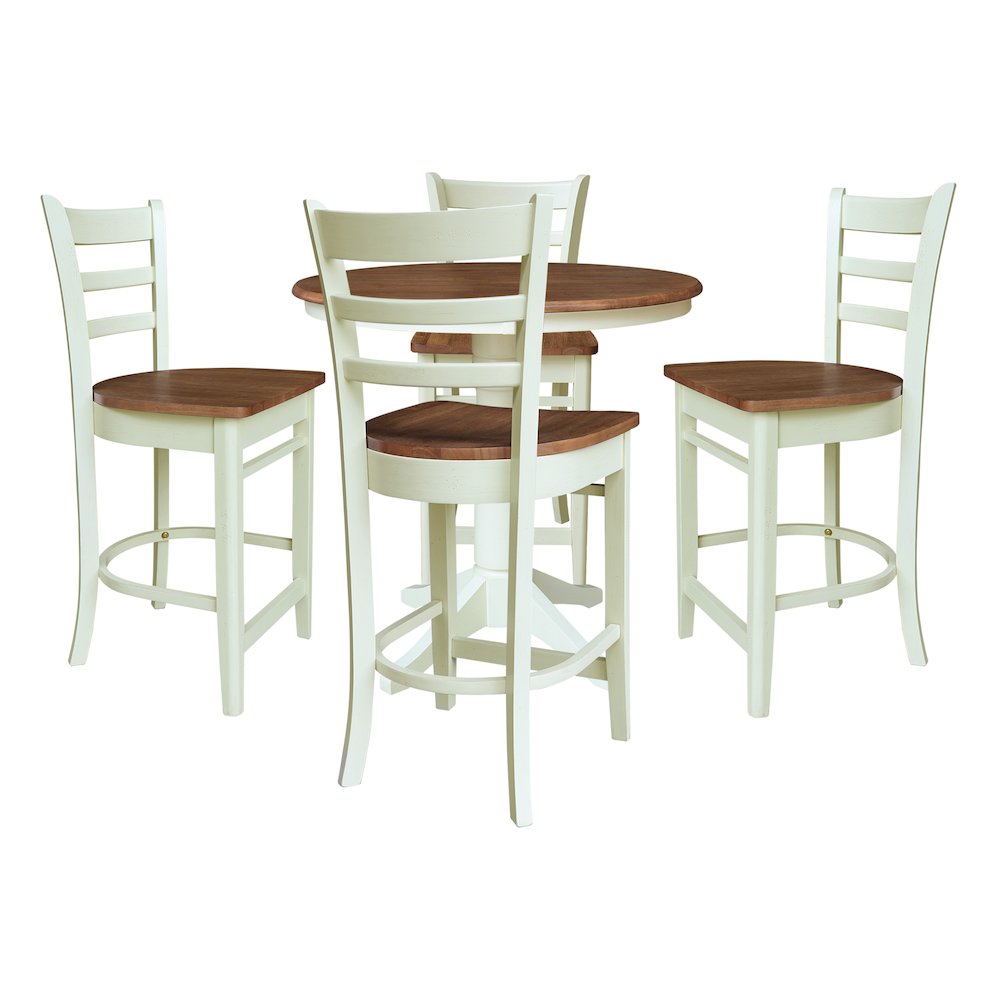 36" Solid Wood Round Top Pedestal Counter Height Table with 4 Stools. Picture 1
