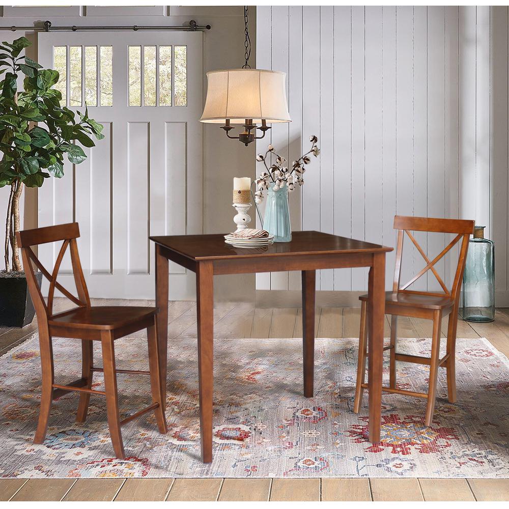 36" x 36" Counter Height Dining Table with 2 X-Back Stools, 24" Seat Height. Picture 1