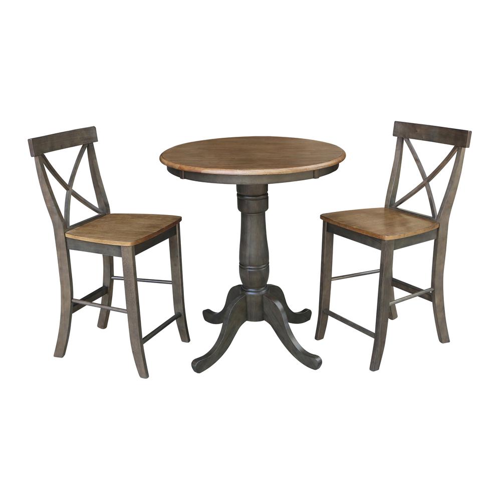 30" Round Pedestal Gathering Height Table With 2 X-Back Counter Height Stools. Picture 1