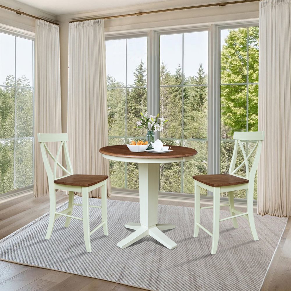 36" Solid Wood Round Extension Dining Table with 2 Counter Height Stools. Picture 4