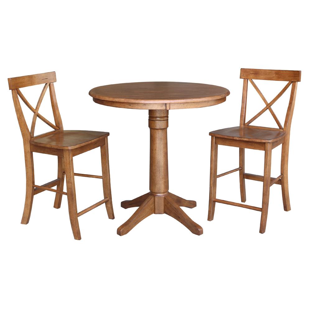 36" Round Pedestal Gathering Height Table with 2 X-Back Counter Height Stools. Picture 2