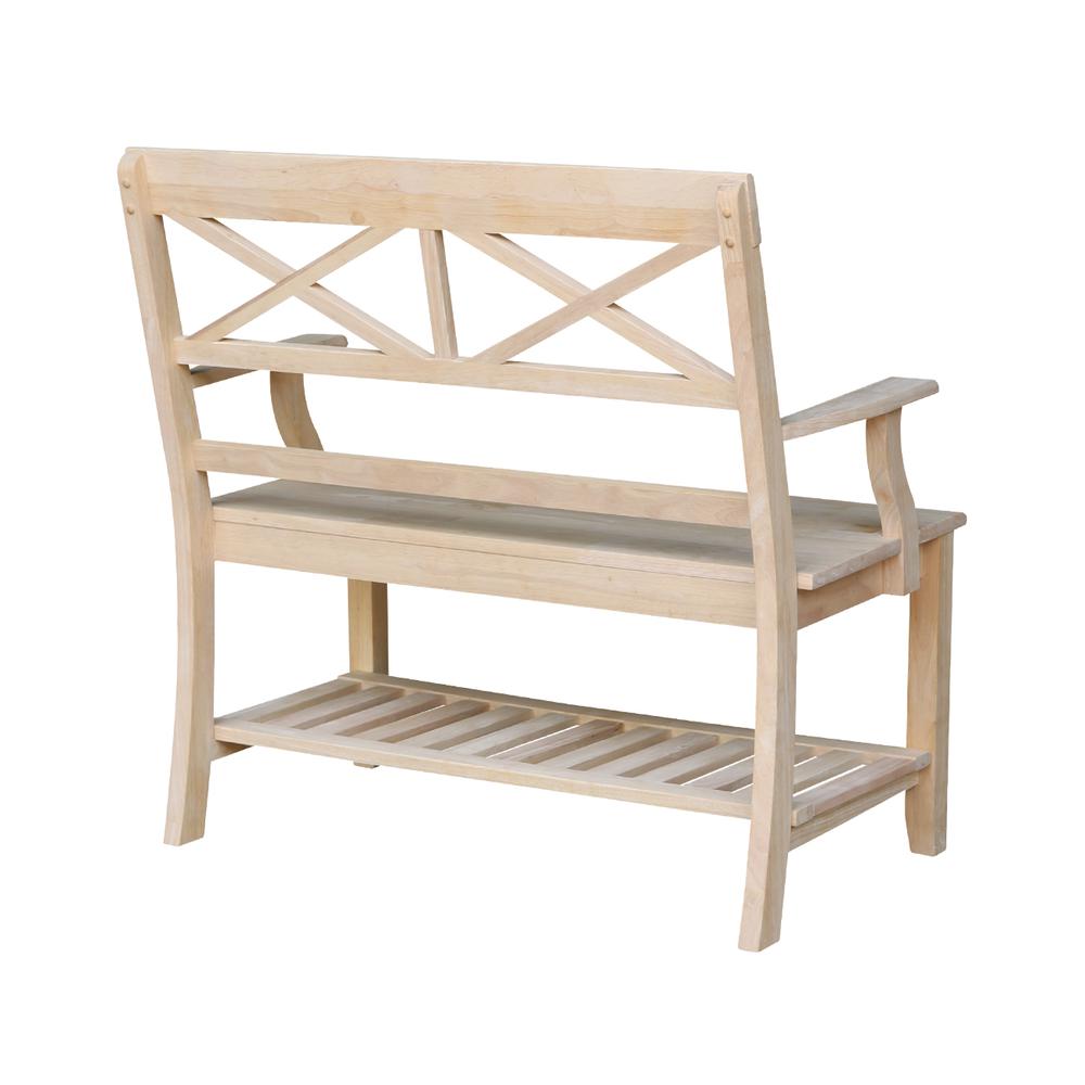 Double X-Back Bench With Arms and Shelf, Unfinished. Picture 6