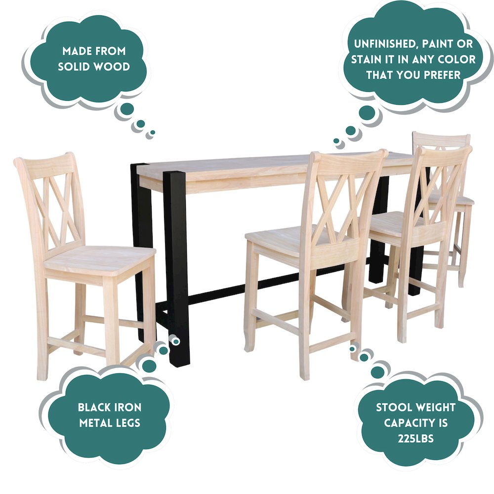 Solid Wood Tall Accent Table with Iron Legs and Four Stools. Picture 5