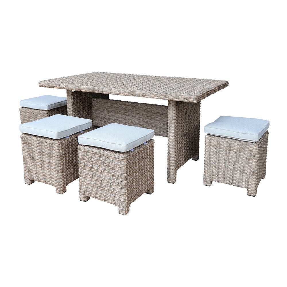 Outdoor 5 Piece Wicker Patio Furniture Set with a Table and 4 Stools, Natural. Picture 1