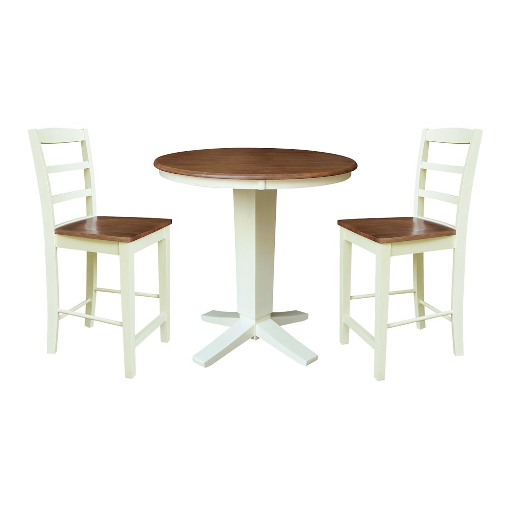 36" Solid Wood Round Top Pedestal Dining Table with 2 Counter Height Stools. Picture 1