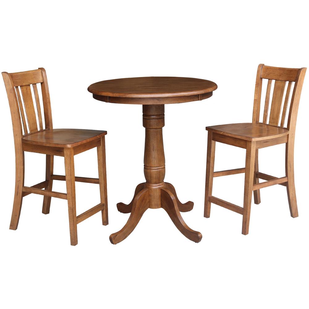 30" Round Pedestal Gathering Height Table with 2 San Remo Counter Height Stools. Picture 2