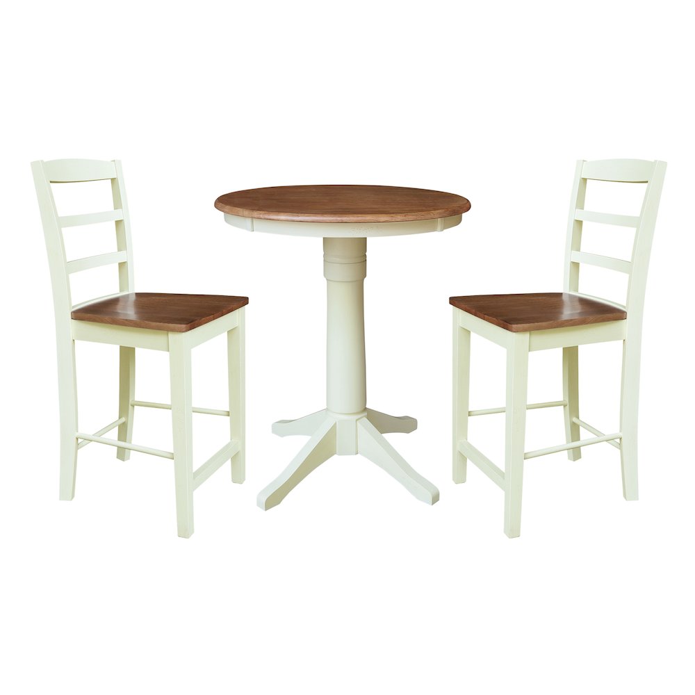 30" Round Pedestal Gathering Height Table With 2 Madrid Counter Height Stools. Picture 1