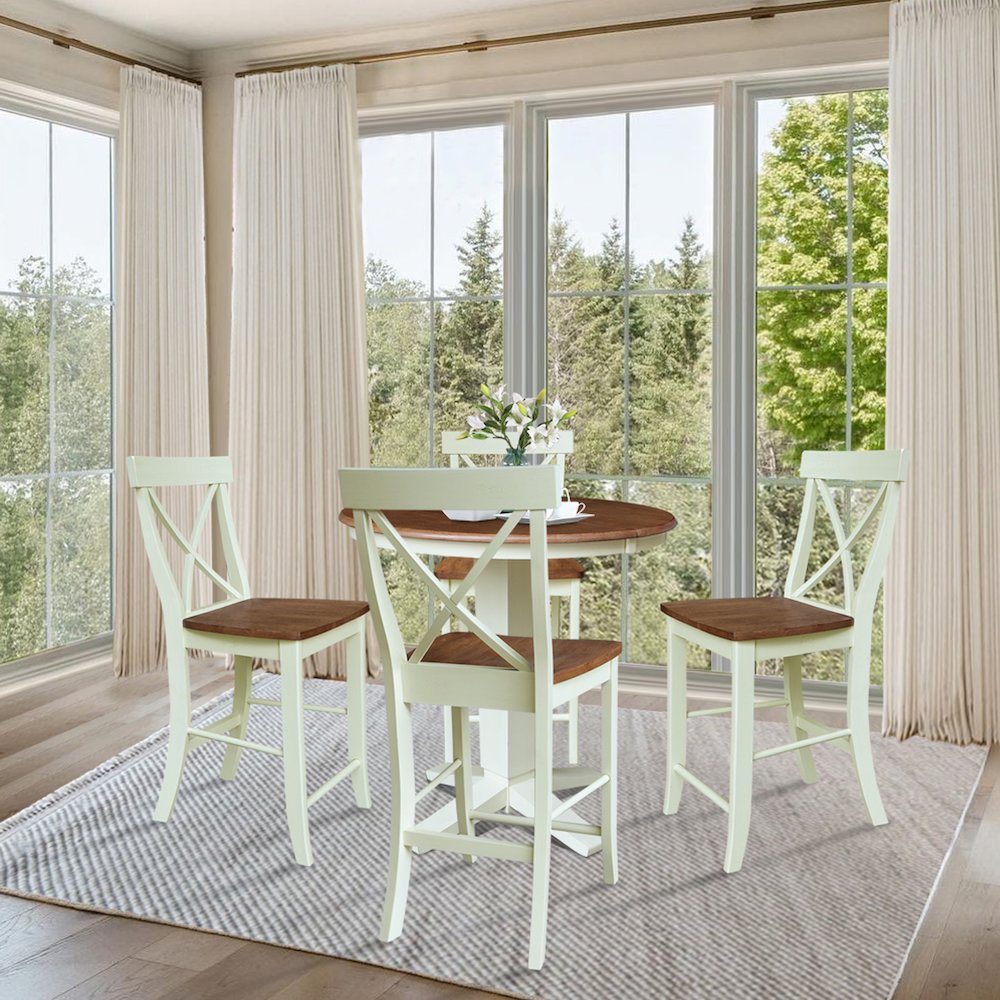 36" Solid Wood Round Extension Dining Table with 4 Counter Height Stools. Picture 4