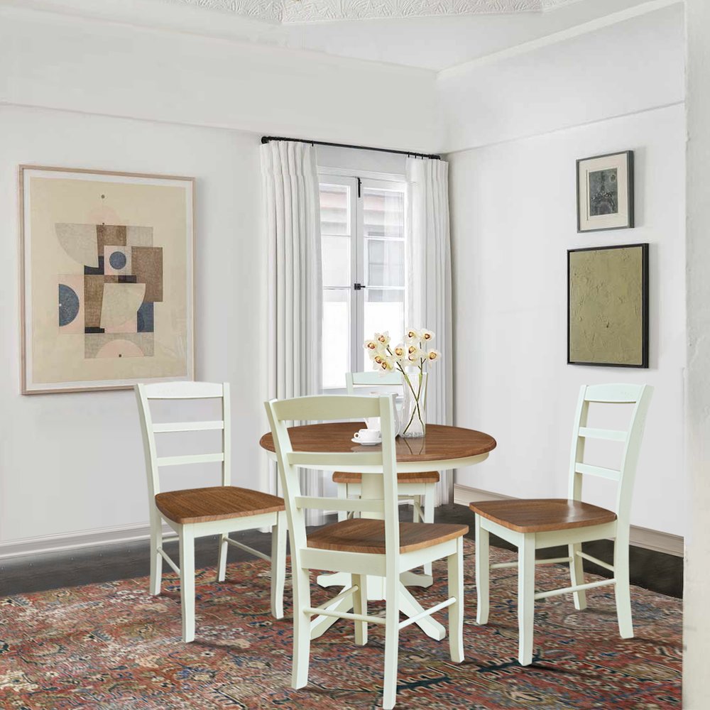 36" Pedestal Dining Table with 4 Madrid LadderBack Chairs - 5 Piece Dining Set. Picture 4