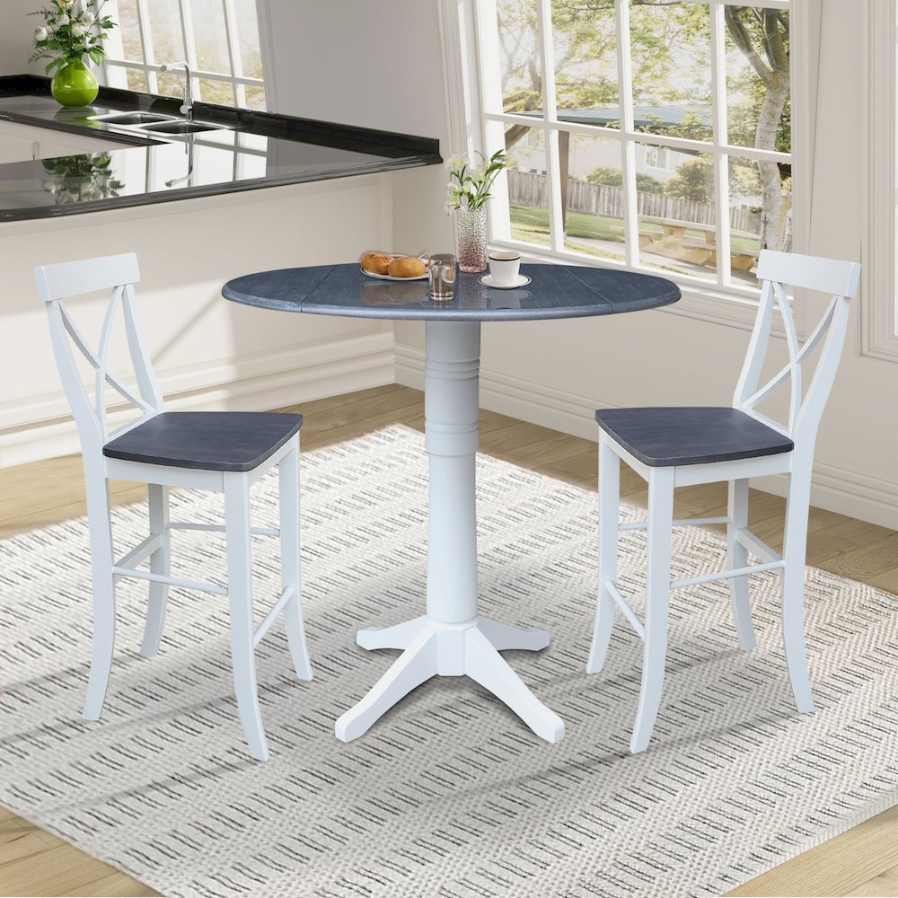 42" Round Top Dual Drop Leaf Pedestal Table with 2 Stools. Picture 6