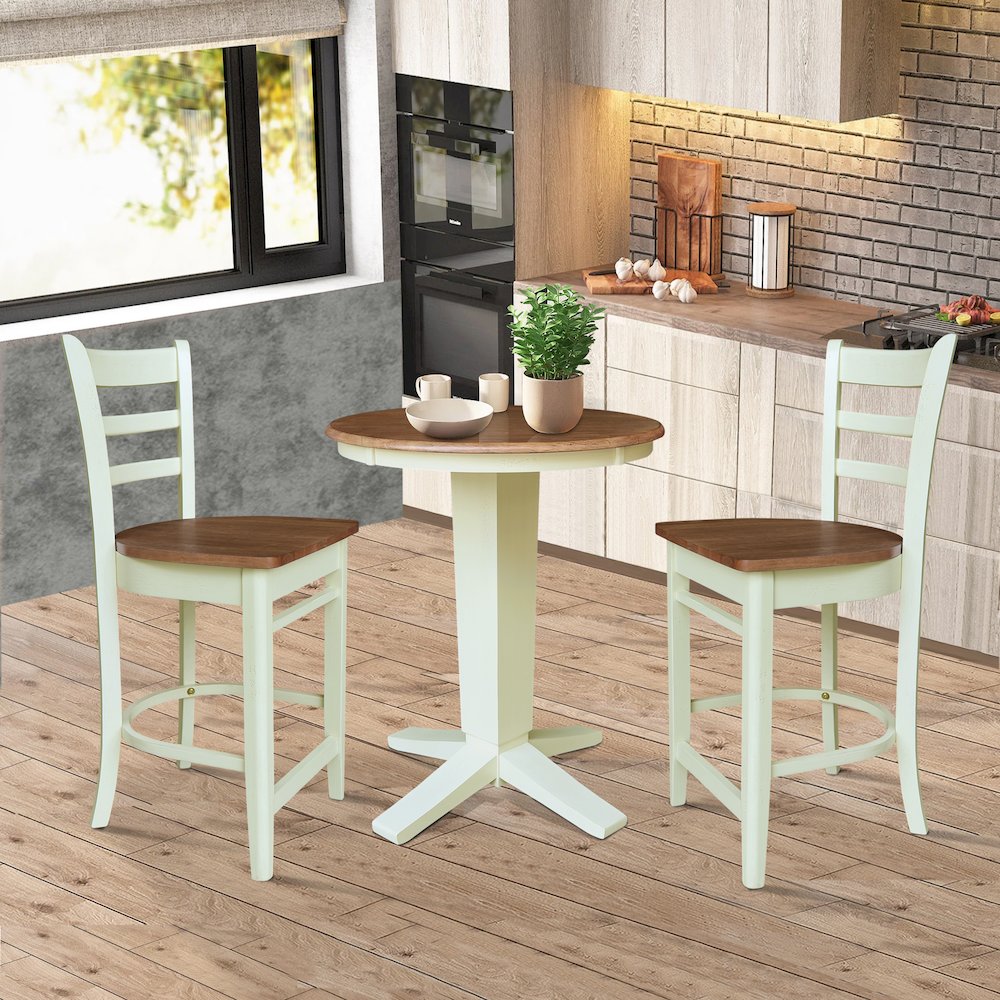 30" Solid Wood Round Top Pedestal Dining Table with 2 Counter Height Stools. Picture 4