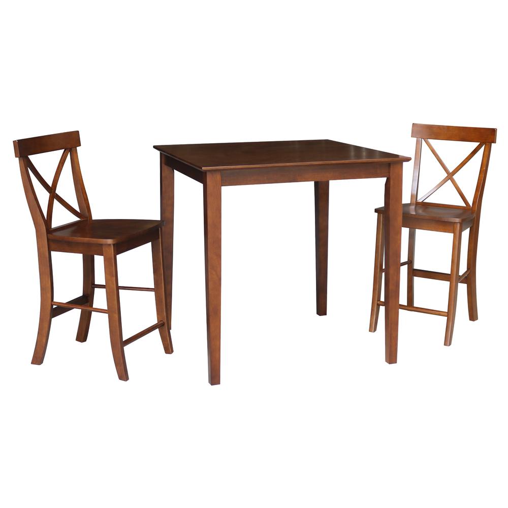 36" x 36" Counter Height Dining Table with 2 X-Back Stools, 24" Seat Height. Picture 2