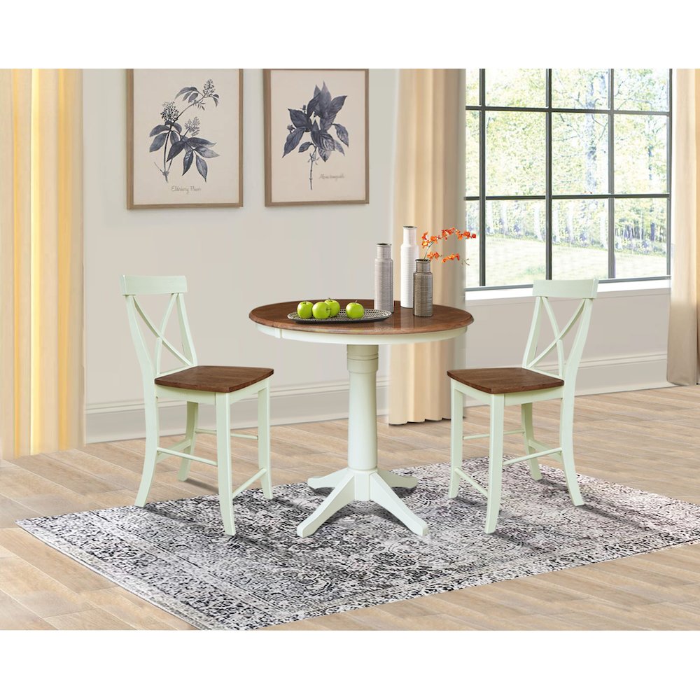 36" Round Extension Dining Table with 2 X-Back Counter Height Stools. Picture 4