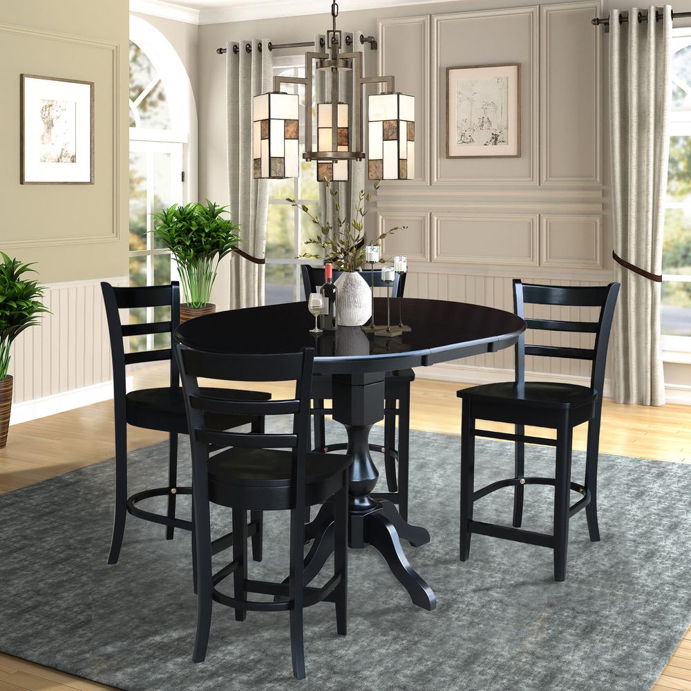 36" Round Counter Height Extension Dining Table with 12" Leaf and 4 Emily Counter Height Stools - Five Piece Set, Black. Picture 1