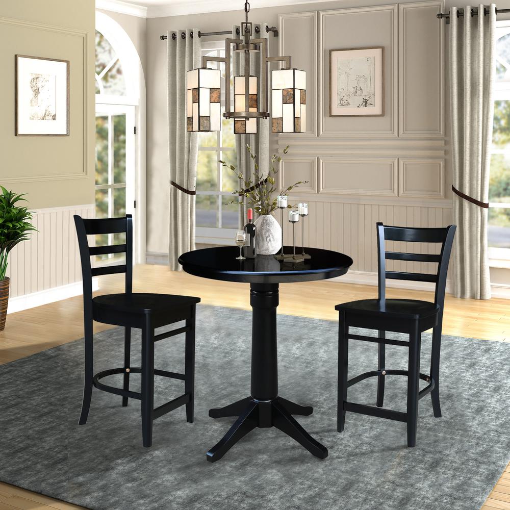 30" Round Pedestal Gathering Height Table with 2 Emily Counter Height Stools. Picture 1