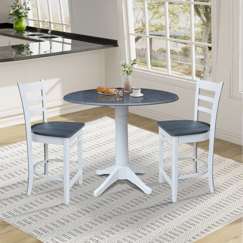 42" Round Top Dual Drop Leaf Pedestal Table with 2 Stools. Picture 6