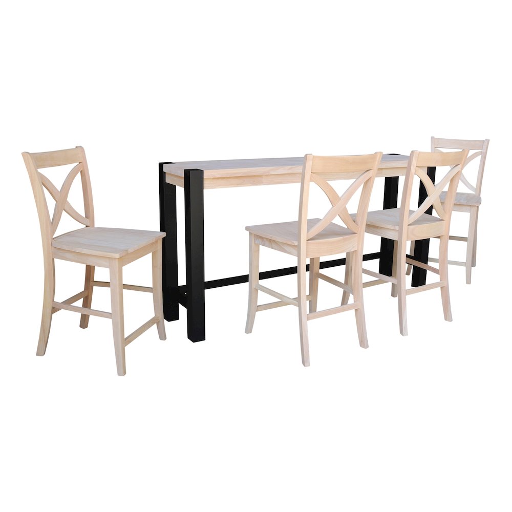 Solid Wood Tall Accent Table with Iron Legs and Four Stools. Picture 1
