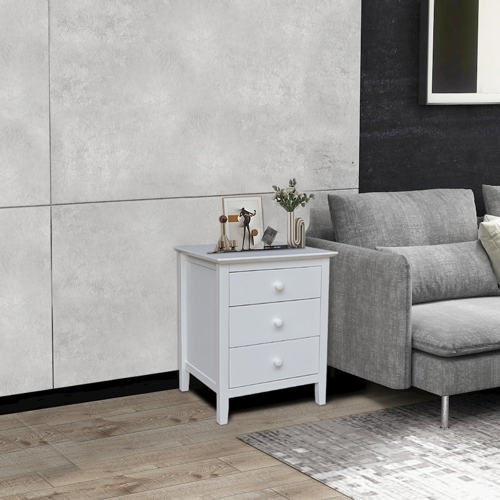 Solid Wood Bedroom Nightstand with 3 Drawers, White. Picture 8