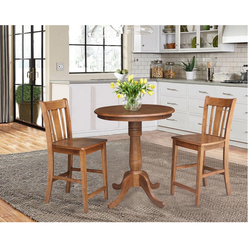 30" Round Pedestal Gathering Height Table with 2 San Remo Counter Height Stools. Picture 1