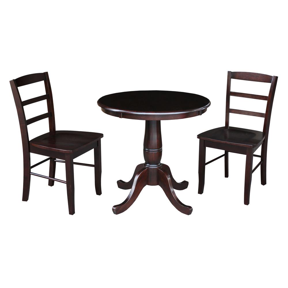 30" Round Top Pedestal Dining Table with 2 Madrid Ladderback Chairs. Picture 2