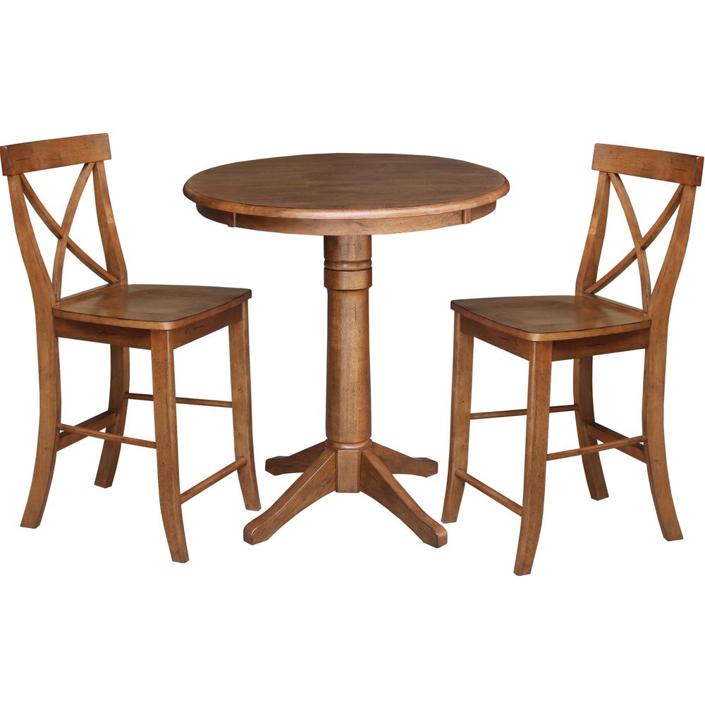 30" Round Pedestal Gathering Height Table with 2 X-Back Counter Height Stools. Picture 2