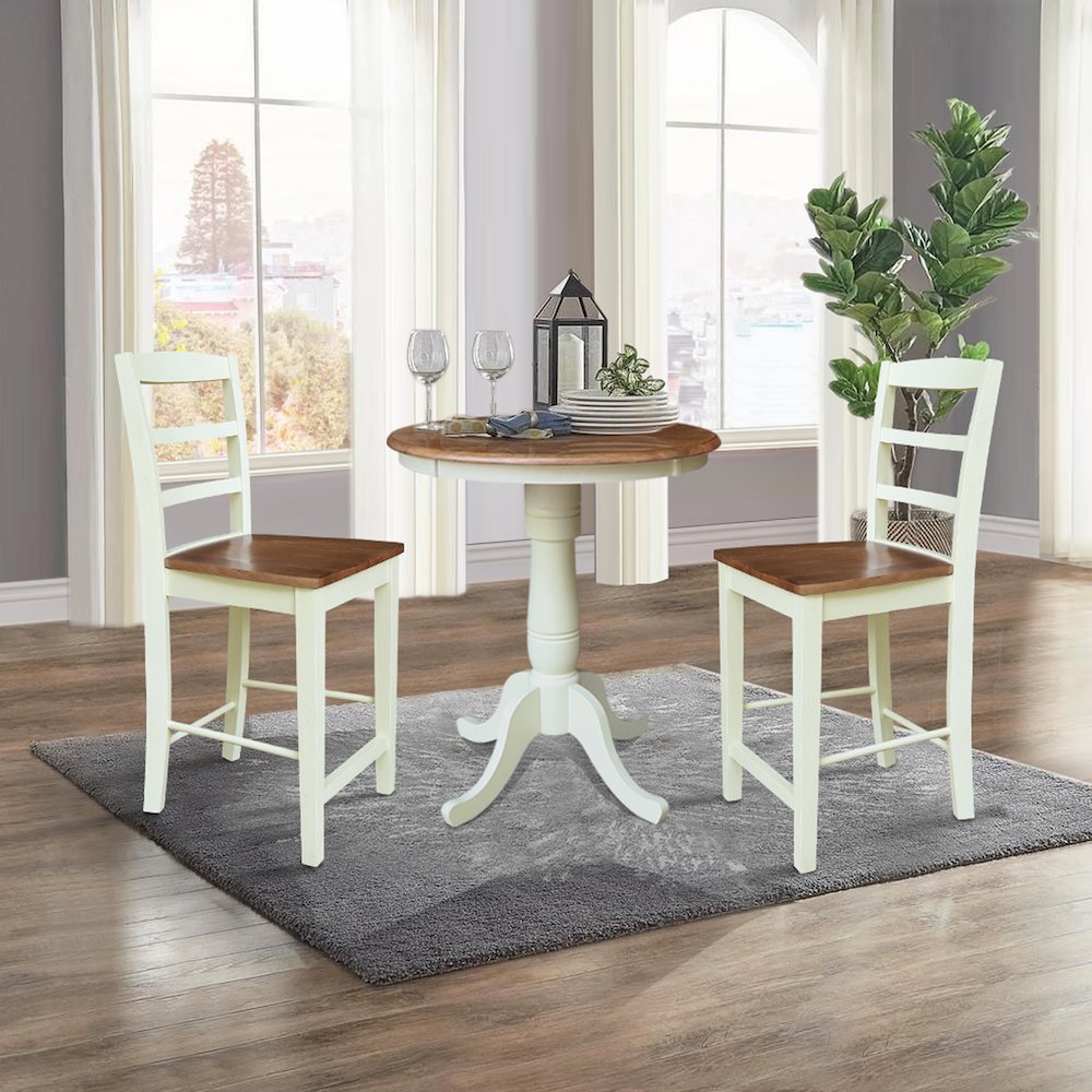 30" Round Pedestal Gathering Height Table With 2 Madrid Counter Height Stools. Picture 4