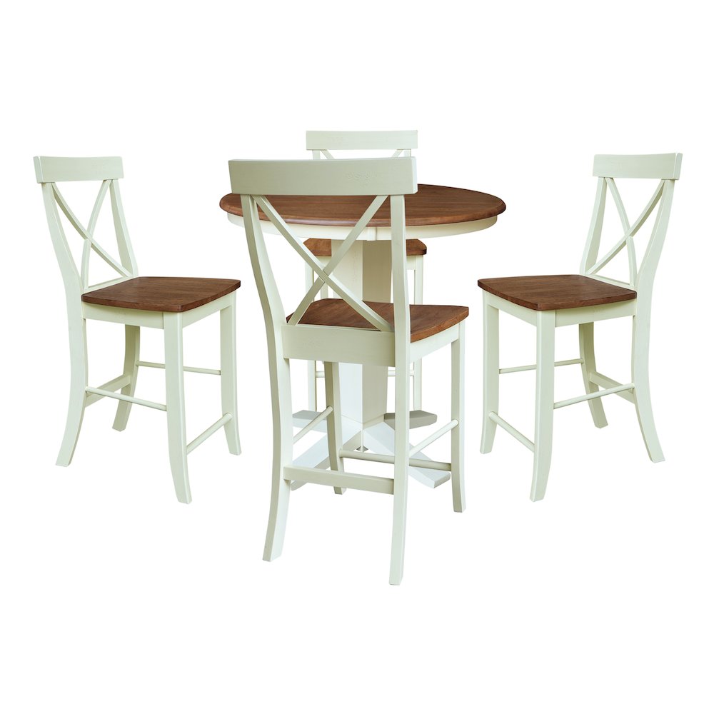 36" Solid Wood Round Top Pedestal Dining Table with 4 Counter Height Stools. Picture 1