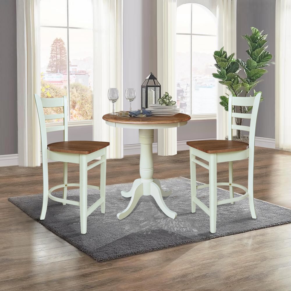 30" Round Pedestal Gathering Height Table With 2 Emily Counter Height Stools. Picture 4