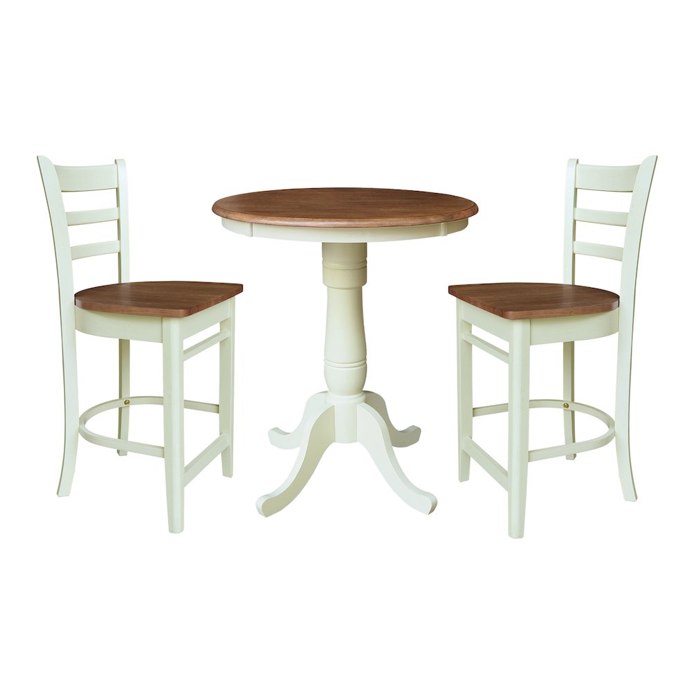 30" Round Pedestal Gathering Height Table With 2 Emily Counter Height Stools. Picture 1
