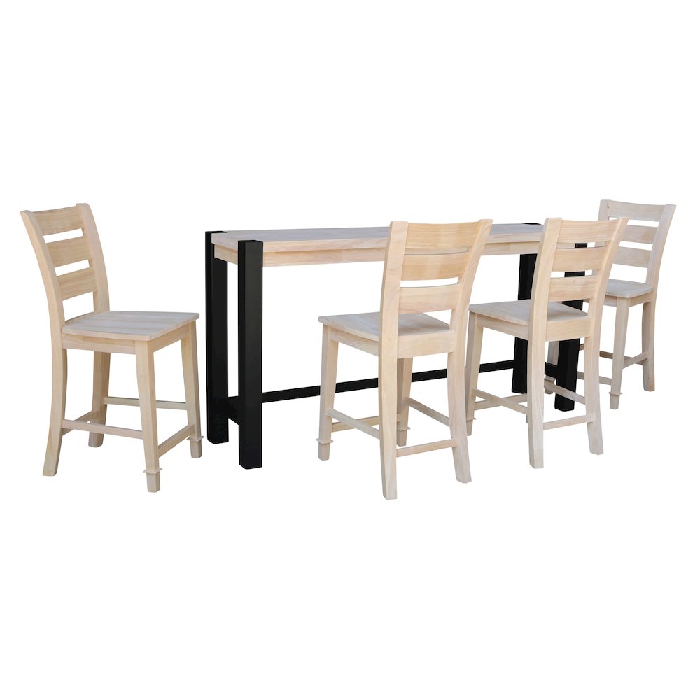 Solid Wood Tall Accent Table with Iron Legs and Four Stools. Picture 1