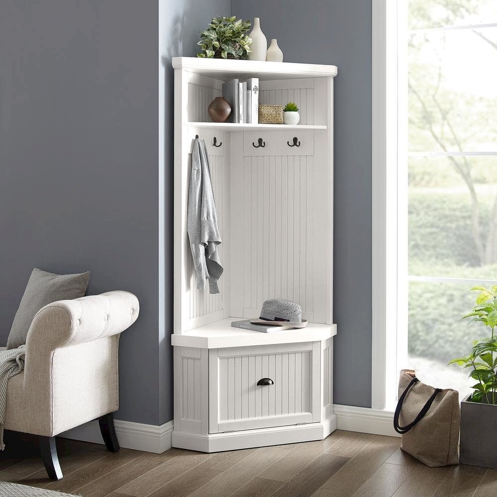 Distressed White Hall Tree with Anti-Tip Hardware and Storage Space. Picture 3