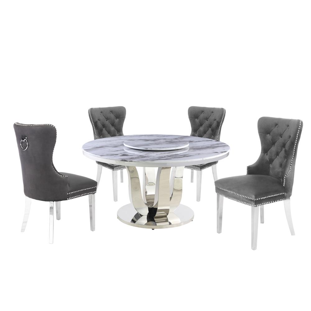 White Marble Round 5 piece Dining Set Ring Chairs in Dark Gray Velvet - Lazy Susan. Picture 1