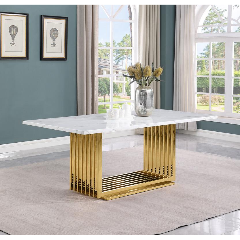 7pc Small(79") marble top dining set with gold base and 6 Black side chairs. Picture 2