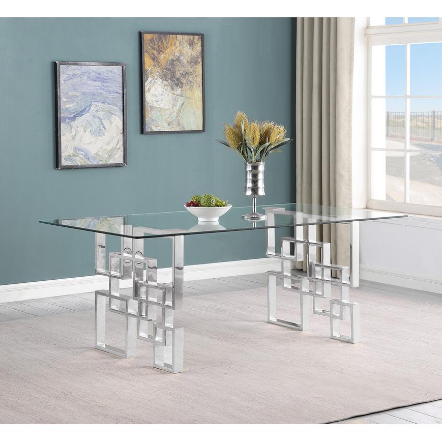5-piece glam dining set with 4 navy blue chairs and a 79" long glass  table. Picture 3