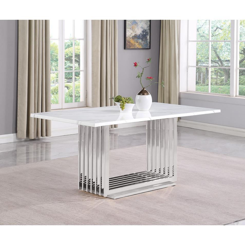 7pc Small(68") marble top dining set with silver base and 6 Cream side chairs. Picture 2